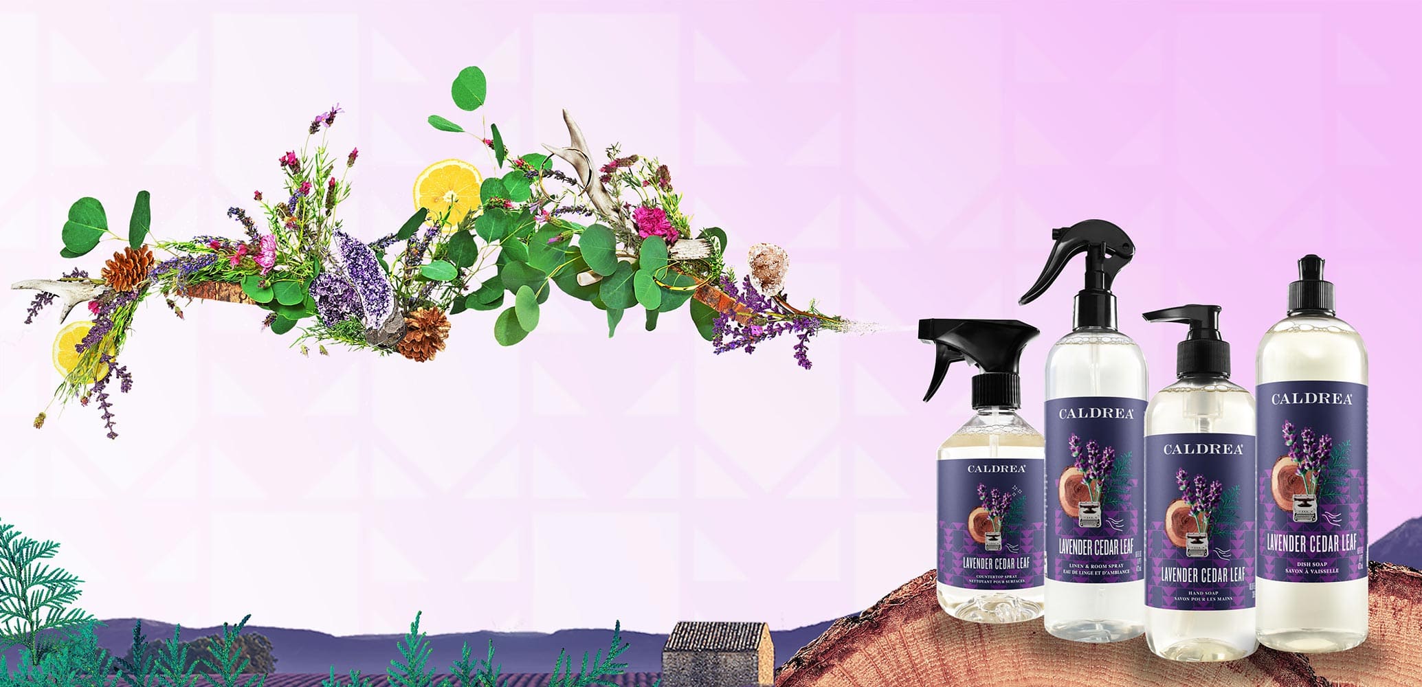 A collection of countertop spray, dish soap, and more spray out elements that encompass our scent: Lavender Cedar Leaf.