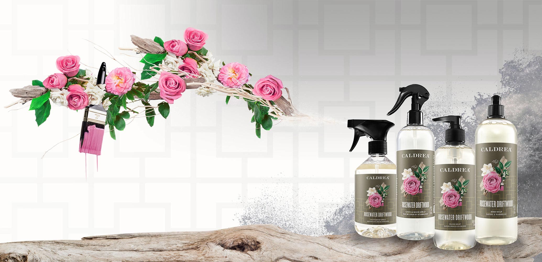 A collection of countertop spray, dish soap, and more, spray out elements that encompass our scent: Rosewater Driftwood.